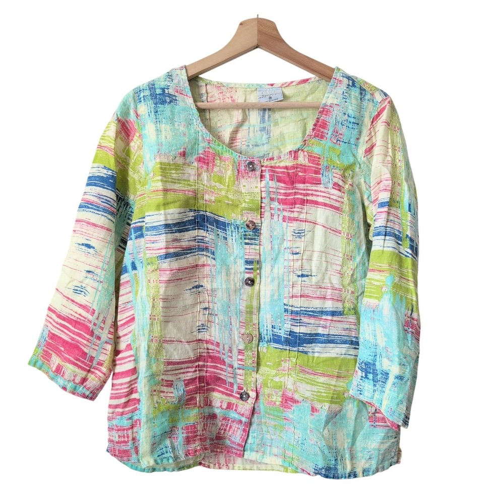 Vintage Click by Color Me Cotton Linen Top Abstract Artsy Button USA Medium